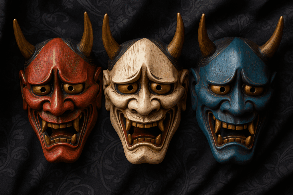 Red, white, and blue Hannya masks symbolizing passion, sorrow, and sadness.