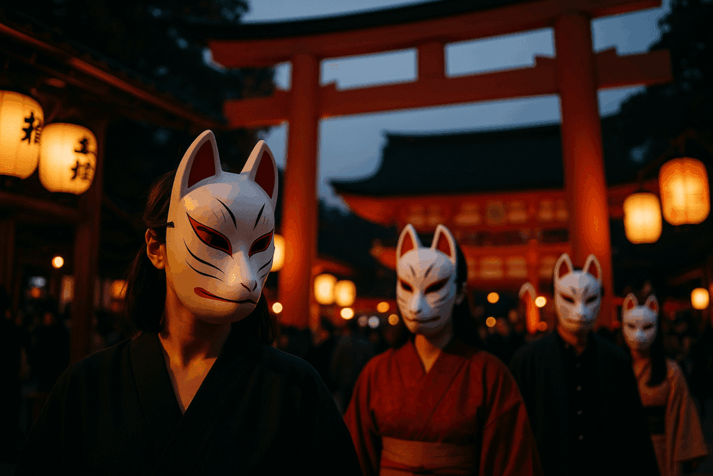 Festival participants wearing white kitsune fox masks at a Shinto Inari shrine surrounded by red torii gates.