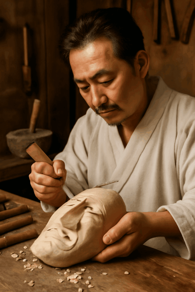 An artisan crafting a traditional Korean mask using wood or clay in a traditional workshop.