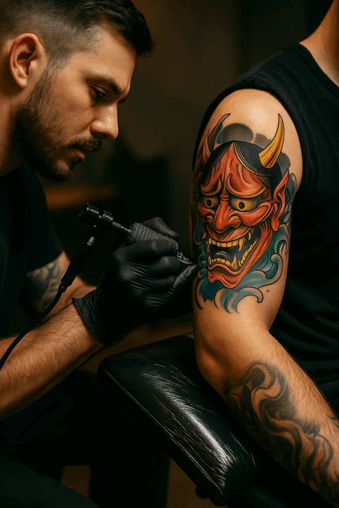 Tattoo artist creating a colorful Hannya mask design inspired by Japanese tradition.
