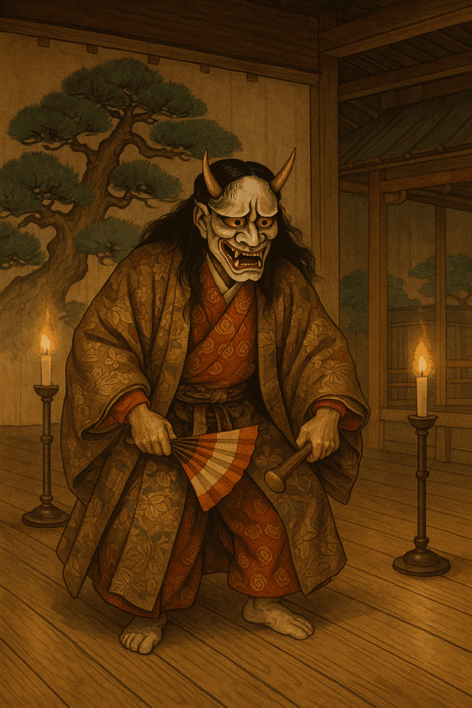 Historical Noh theater actor performing with a Hannya mask during the 14th century.