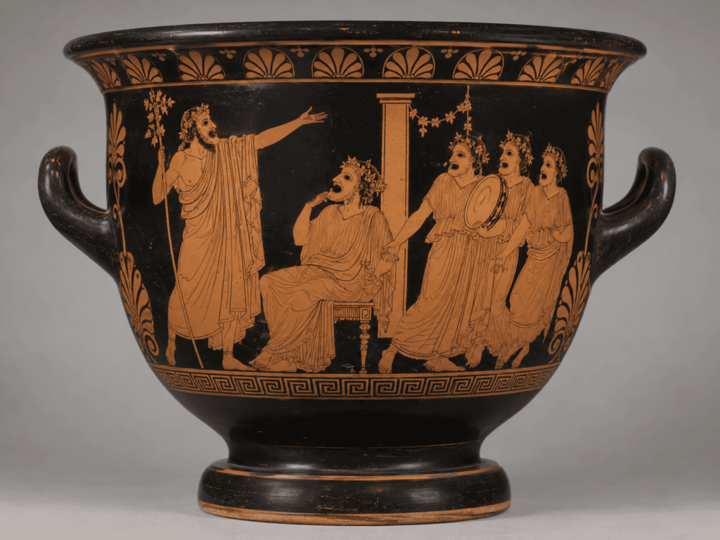 Ancient Greek pottery depicting masked theatrical performers
