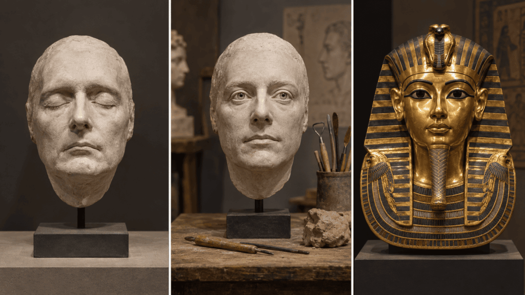 Comparison of a death mask, life mask, and ancient funerary mask