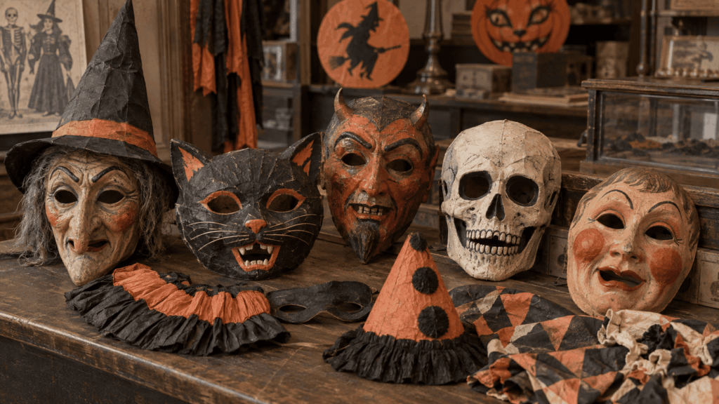 Early 20th-century American Halloween masks made from paper and papier-mâché