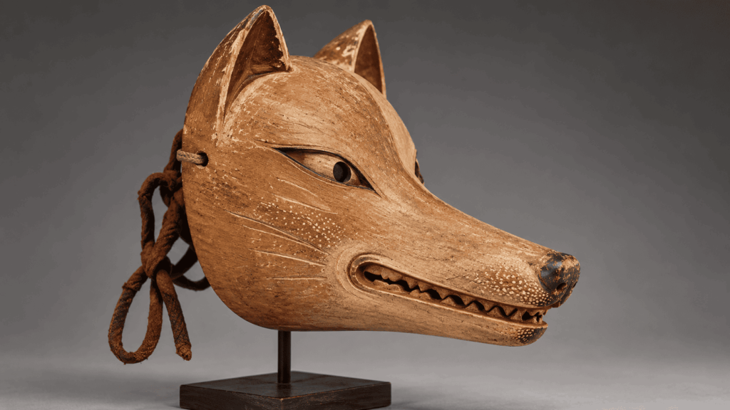 Historical-style Kyogen kitsune fox mask associated with Tsurigitsune