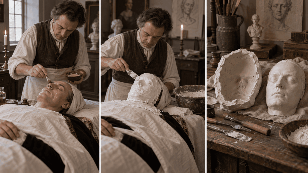Traditional process of creating a plaster death mask from a facial mold