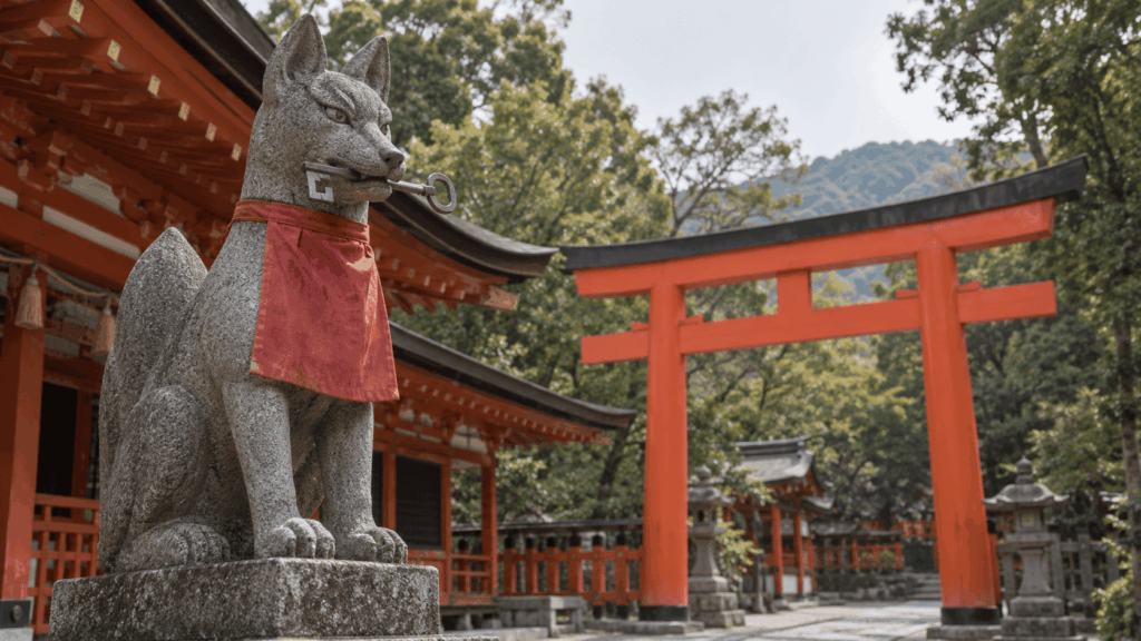 Stone fox statue at an Inari shrine with vermilion torii gates in Japan