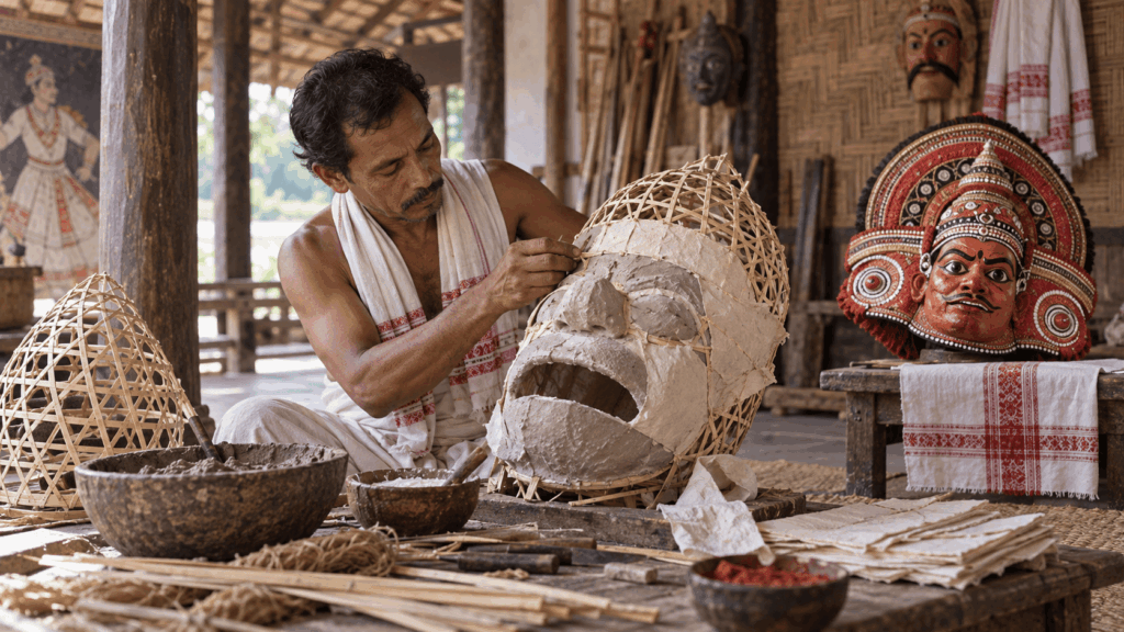 Traditional Majuli mask maker working with bamboo, cloth, and clay in Assam