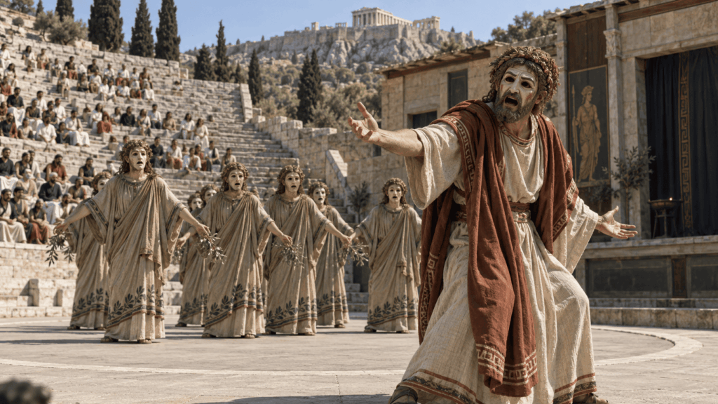 Masked actor and chorus performing in an ancient Greek theatre