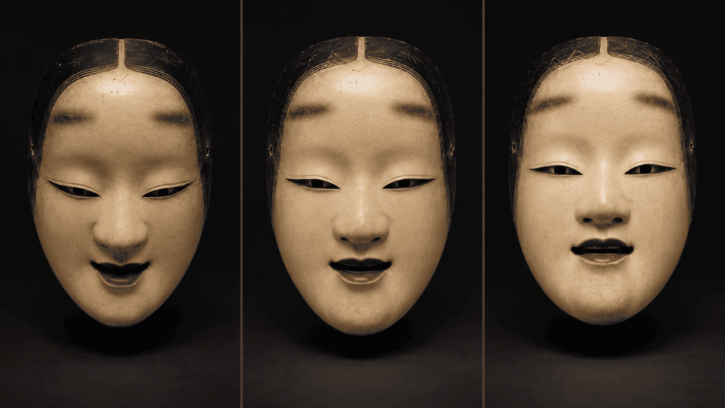 Noh mask shown at different angles demonstrating terasu and kumorasu expression