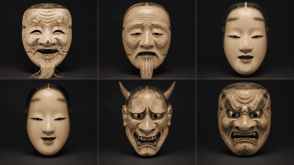 Examples of major Noh mask types including Okina, female, spirit, and fierce deity masks