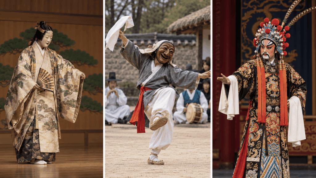 Noh mask, Korean Talchum performance, and painted face in Peking Opera