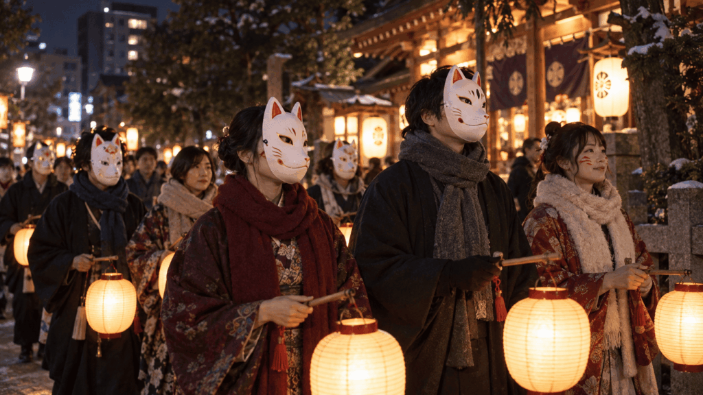 Participants wearing kitsune masks during a Japanese fox-themed festival procession