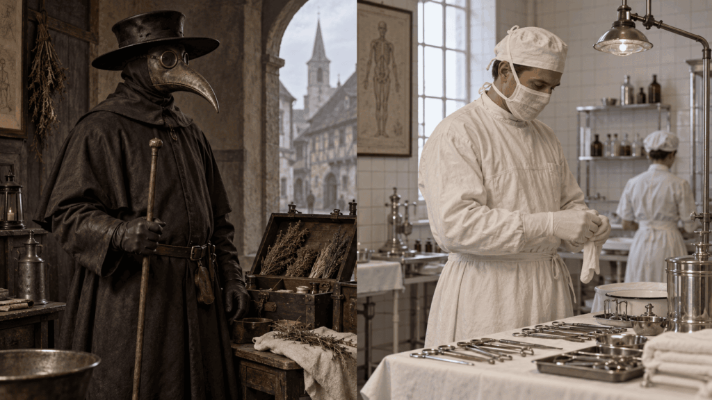 Historical comparison of a plague doctor mask and an early surgical gauze face covering