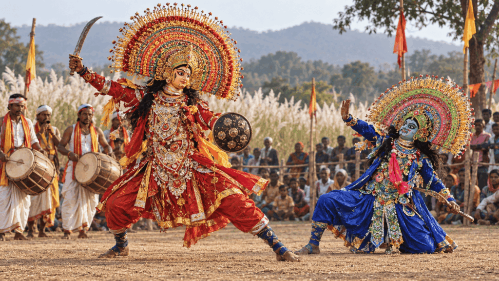 Traditional Purulia Chhau masked dance performance in West Bengal, India