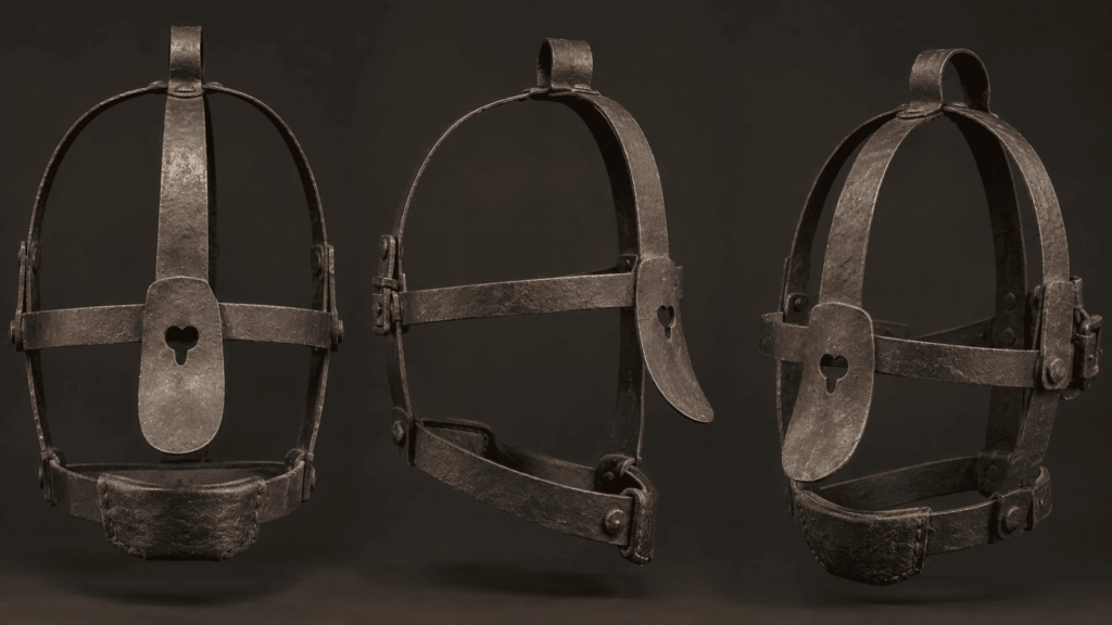 Historical scold's bridle showing iron frame and internal mouthpiece