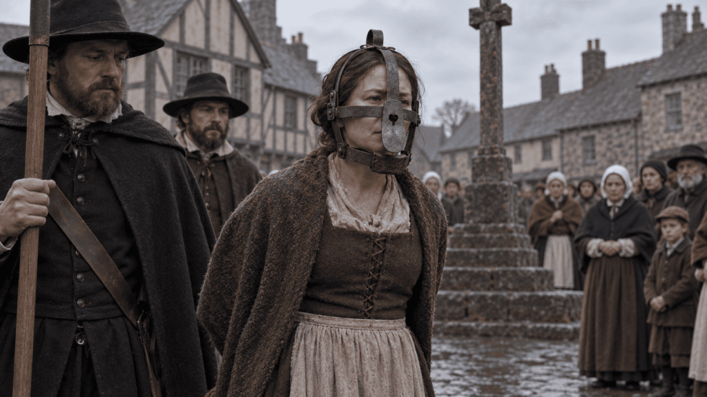 Early modern public punishment involving a woman wearing a scold's bridle