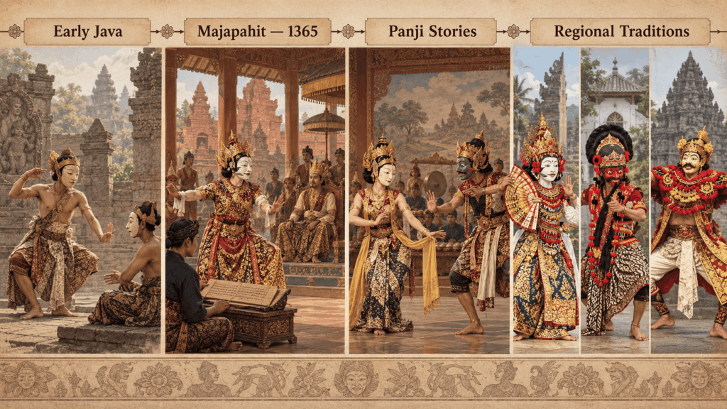 Historical timeline of Topeng dance from early Javanese masked performance through Majapahit, Panji stories, and regional traditions.