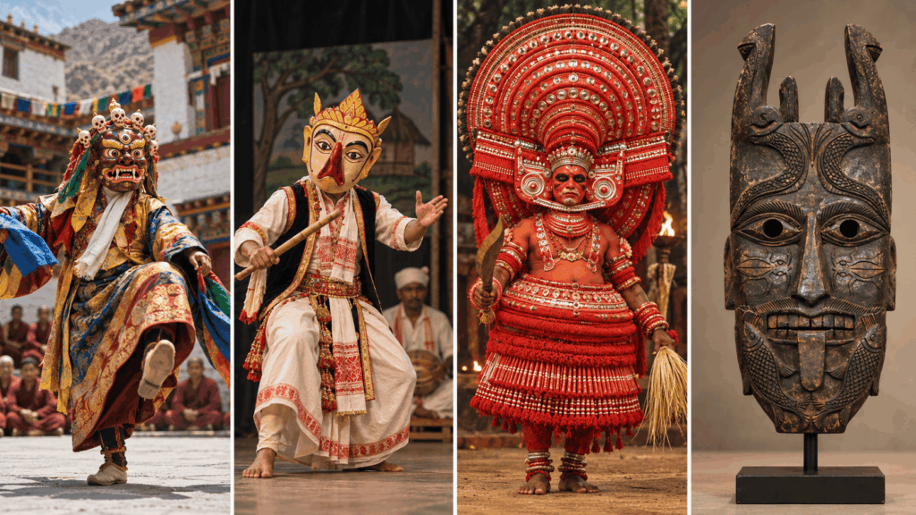 Comparison of Cham, Majuli, Theyyam, and Bastar mask traditions in India
