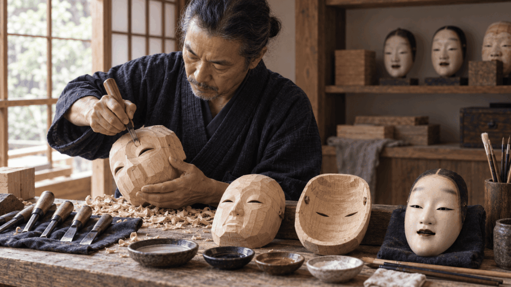 Traditional Noh mask maker carving a mask from hinoki cypress wood