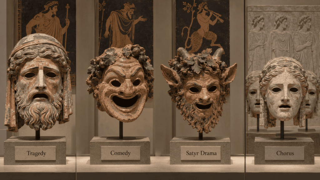 Tragedy comedy satyr and chorus masks in ancient Greek theatre
